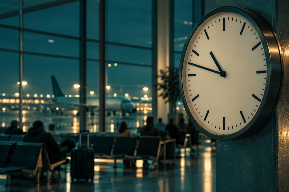 Relógio de parede no aeroporto marcando a noite, com passageiros esperando ao fundo