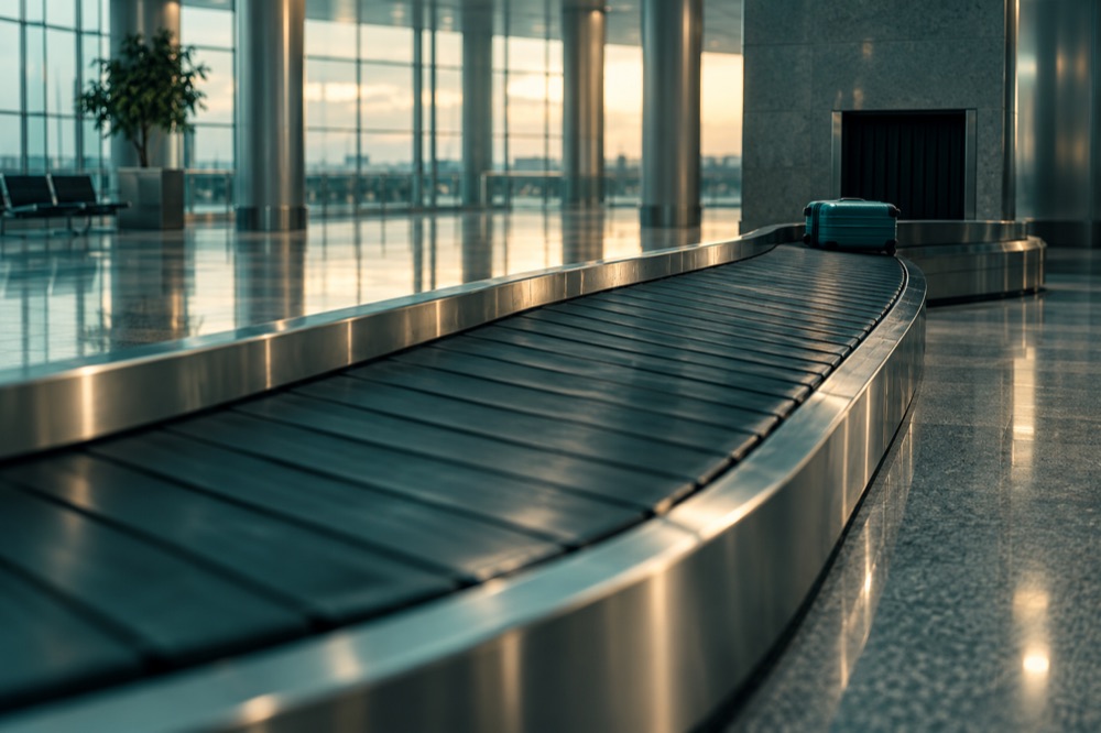 Esteira de bagagem vazia no aeroporto, com uma única mala ao fundo