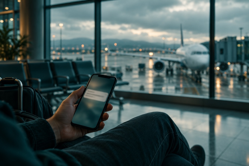 Passageiro com o celular na mão em um portão de embarque vazio, com avião ao fundo