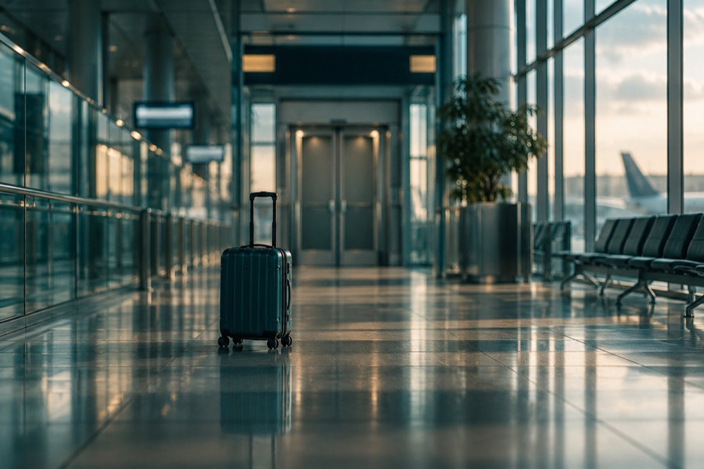 Corredor de aeroporto com uma mala deixada no meio, em direção a um portão fechado